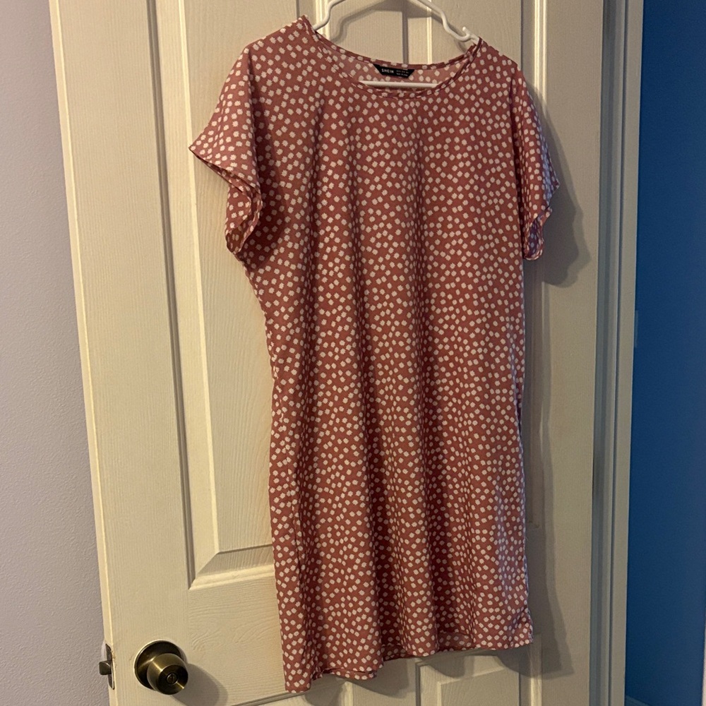 SHEIN Pink and White Polka Dot Middi Dress